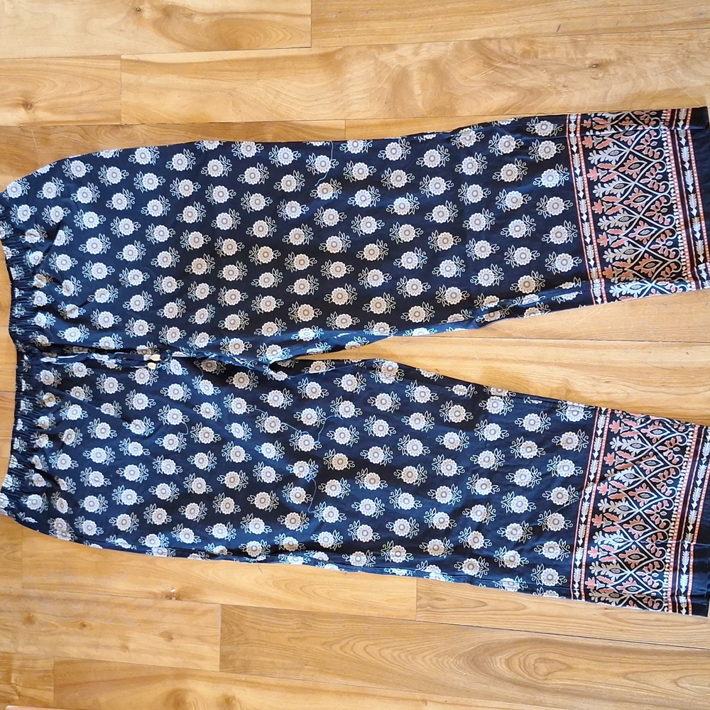Coldwater Creek Baroque Floral Boho Print Cotton Wide-leg Lounge Pants Black XL